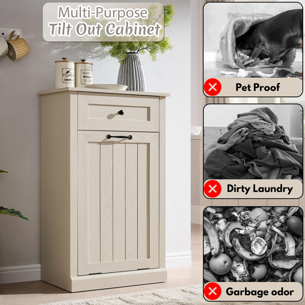 Tilt Out Laundry Hamper Cabinet, Trash Can Cabinet, Cream