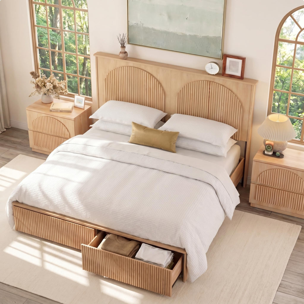 King Bed Frame with 52.4" Tall Headboard, Fluted Bed Frame with 2 Storage Drawers, Modern Arched Reeded Wooden