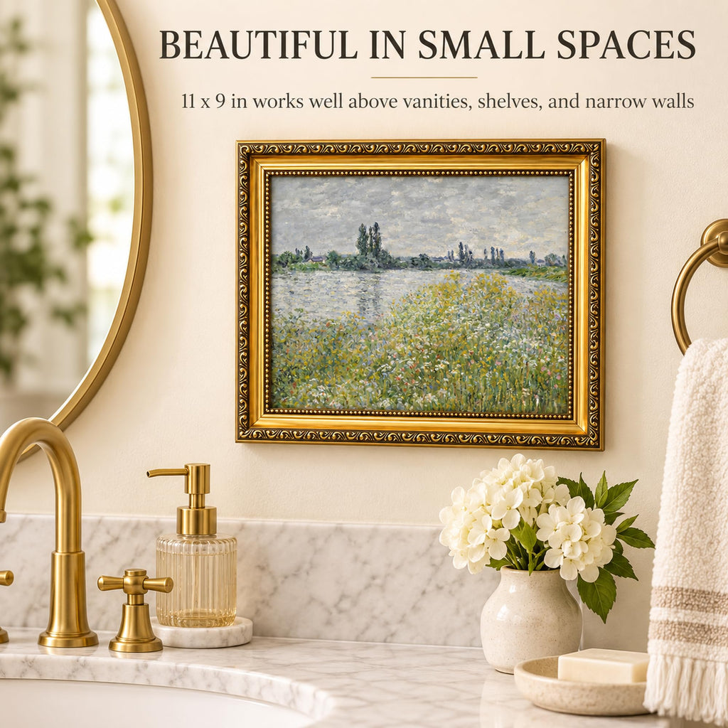 Gold Framed Vintage Canvas Wall Art, Monet Style Impressionist River Landscape Print, Canvas Print, Bedroom Bathroom