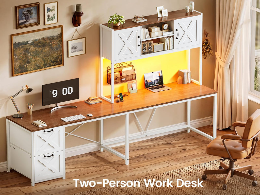 Reversible Farmhouse L Shaped Computer Desk with Drawers, Hutch