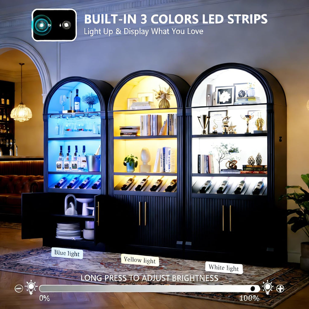 71" Arched Fluted Wine Bar Cabinet with LED Light and Wine Rack (Black) | Coffee Bar Cabinet Liquor Cabinet Motion