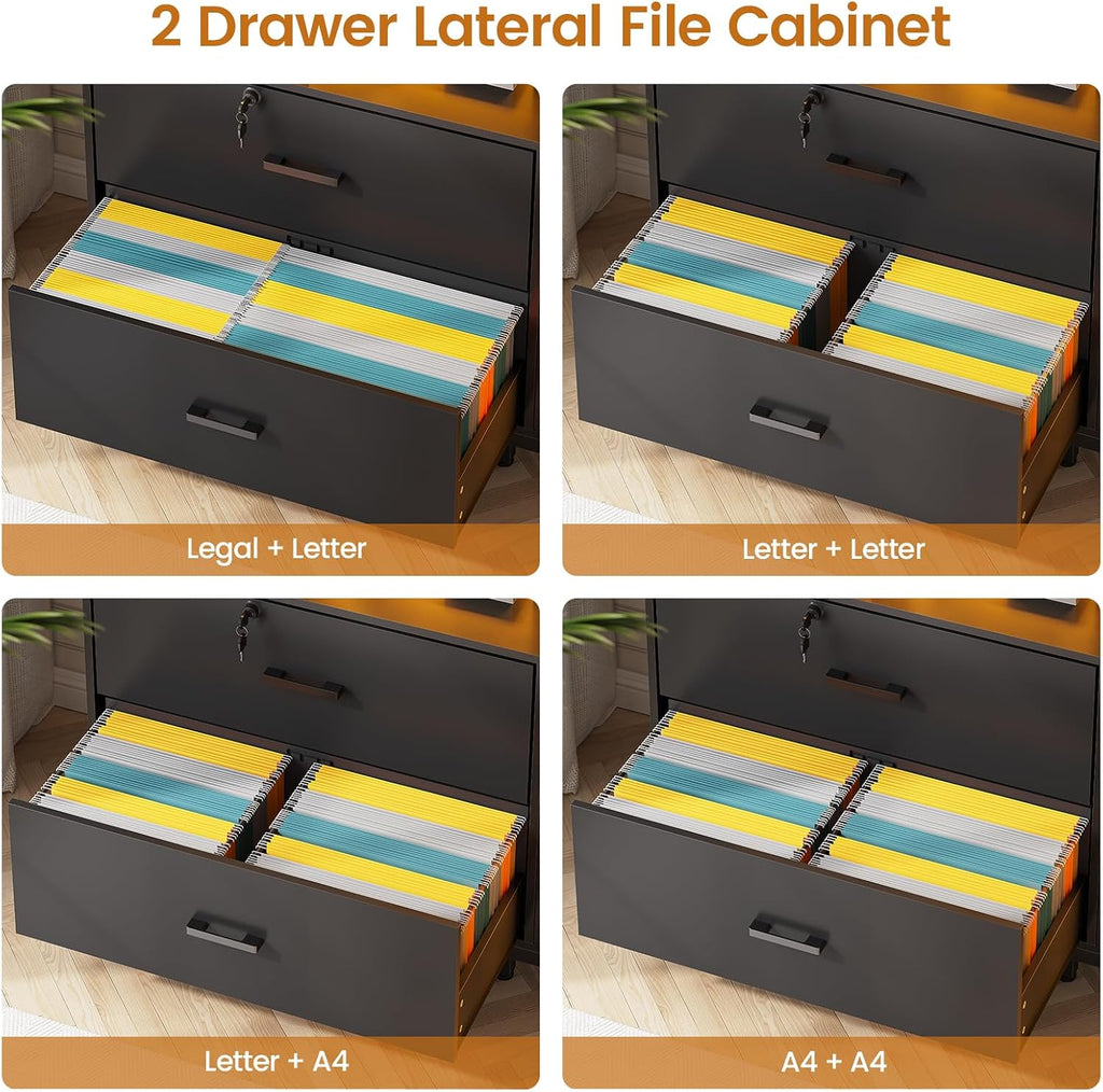 59" Filing Cabinet with Lock Drawers fits Legal Size | Black Lateral 2 Drawers File Cabinet with Acrylic Display
