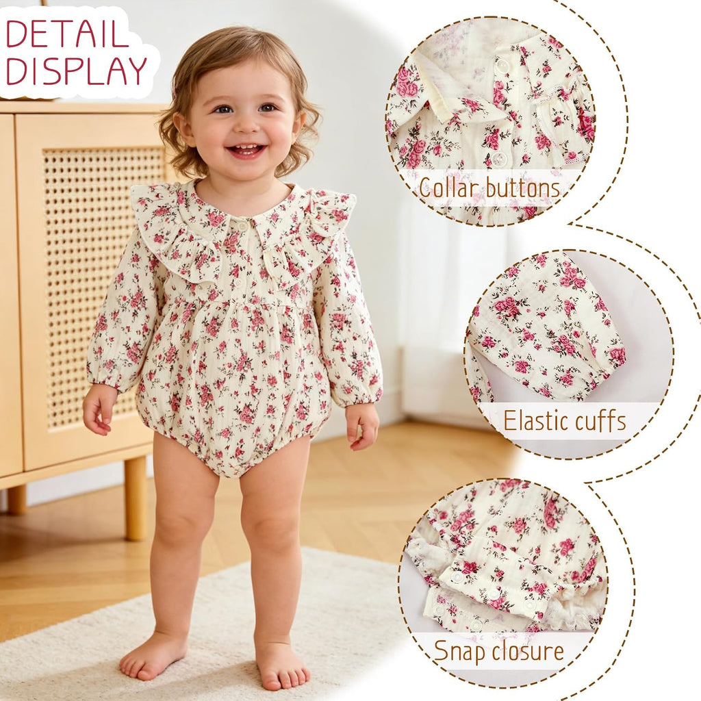 Baby Girl Floral Romper Ruffle Peter Pan Collar Bubble Sleeve Bodysuit Cotton Jumpsuit One Piece Cute Baby