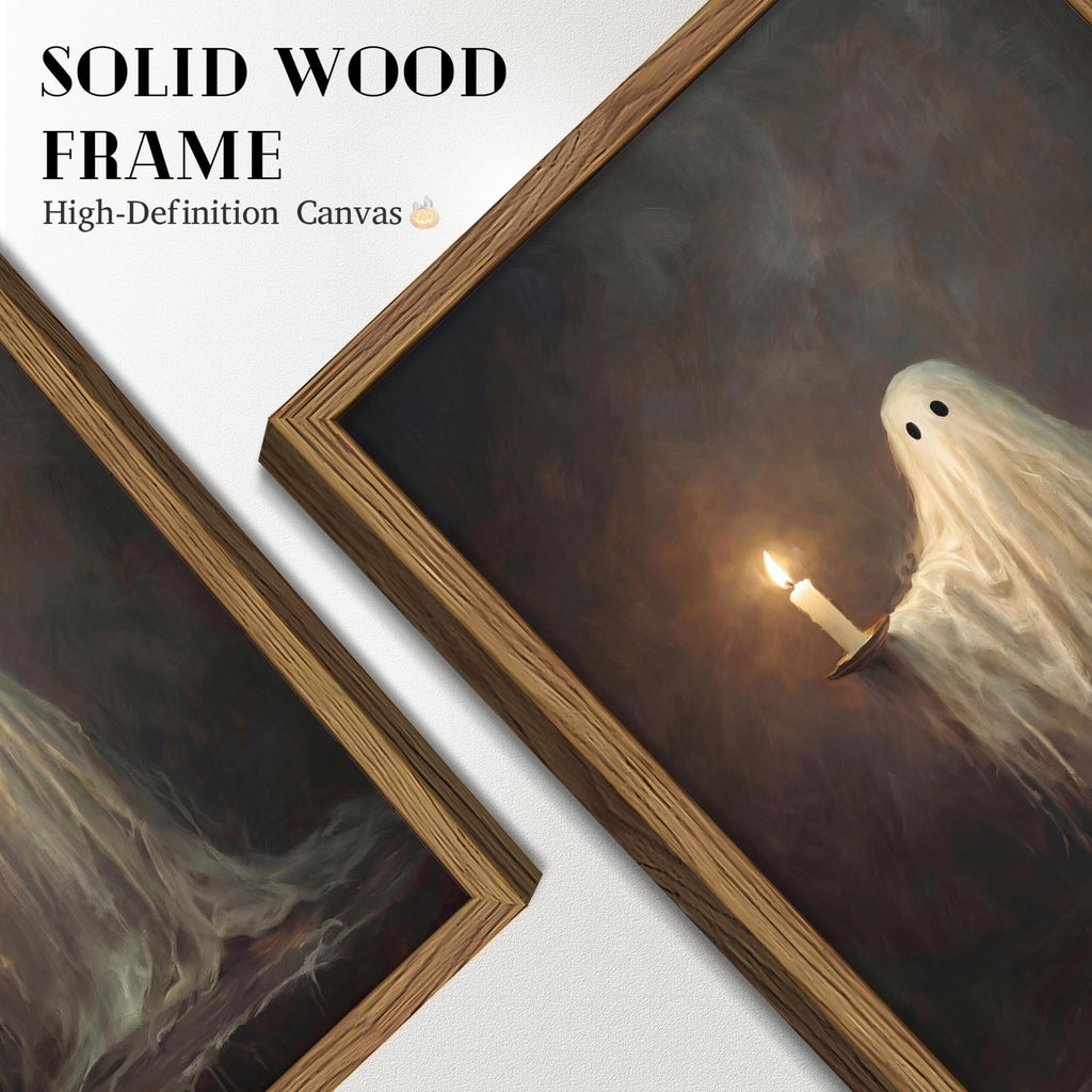 Framed Cute Halloween Ghost Wall Art - Vintage Halloween Canvas Print, Ghost Holding Candle Picture, Dark Academia