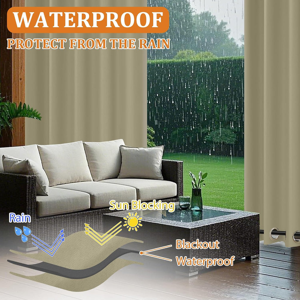 Outdoor Curtains Waterproof 2 Panels Blackout Curtains 108 inch Long with Zipper Top & Bottom Grommet Sun Blocking
