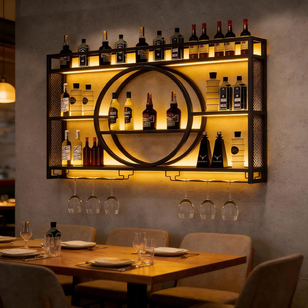 39.4" Wall Mounted Wine Rack with LED Light and Glas Holder | Industrial Metal Bar Shelf Wall Mounted Wine Rack