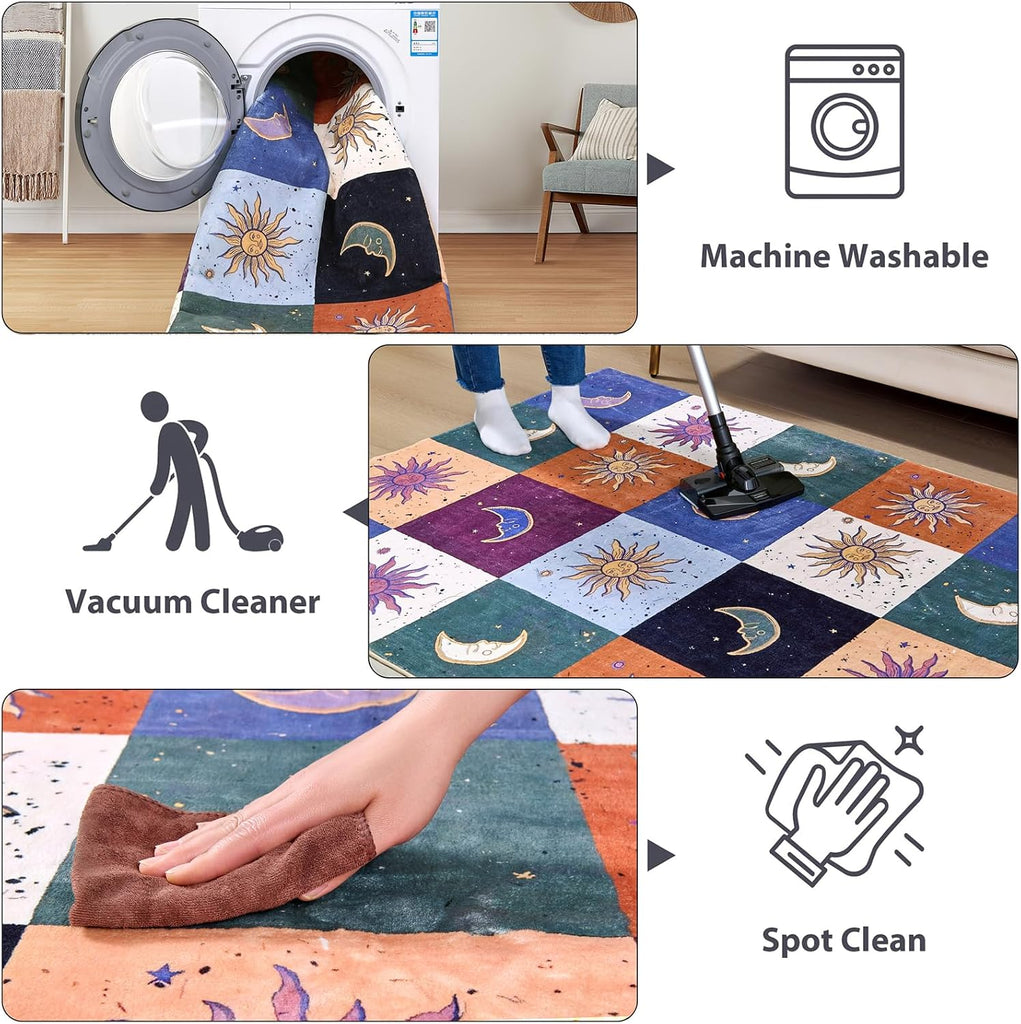 Boho Sun and Moon Washable Rug Ultra Thin, Vintage Mystical Celestial Checkerboard Area Rug Entryway Kitchen