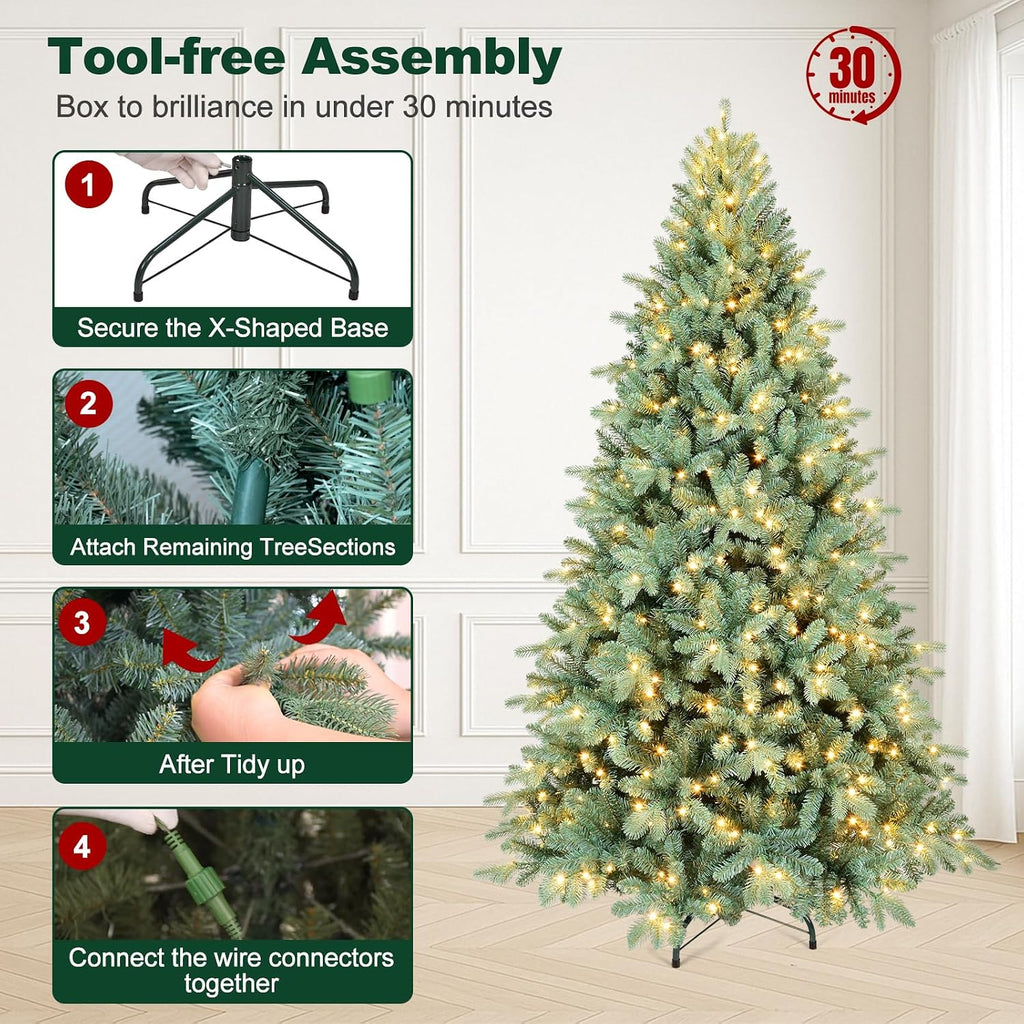 Prelit Artificial Christmas Tree, Blue Spruce Xmas Tree with Lights & Easy Setup Hinged Design, Realistic PE/PVC