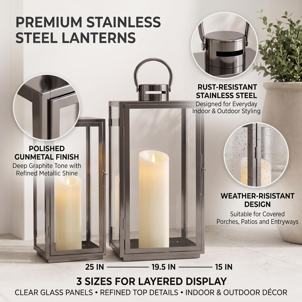 Stainless Lanterns Decorative Outdoor & Indoor, Set of 3 Outdoor Lanterns for Porch, 25"/ 19.5"/15" Candle