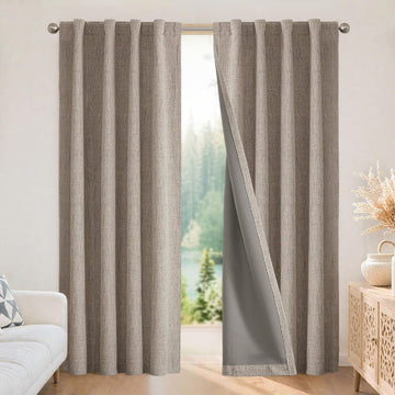 100% Blackout Curtains, Natural Linen Curtains, Thermal Insulated Light Blocking Drapes, Rod Pocket & Back Tab