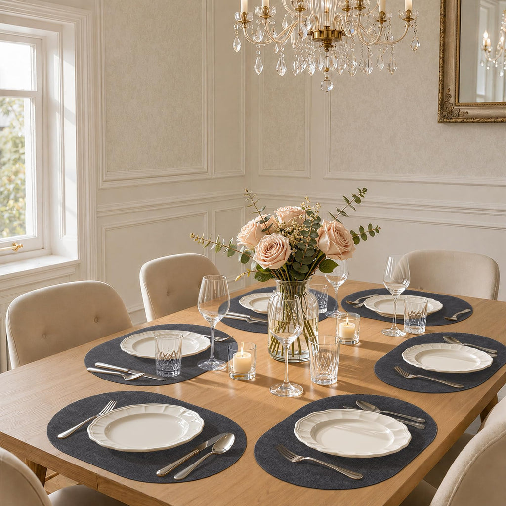 Oval Faux Leather Placemats Set of 4, Easy to Clean, Dark Grey