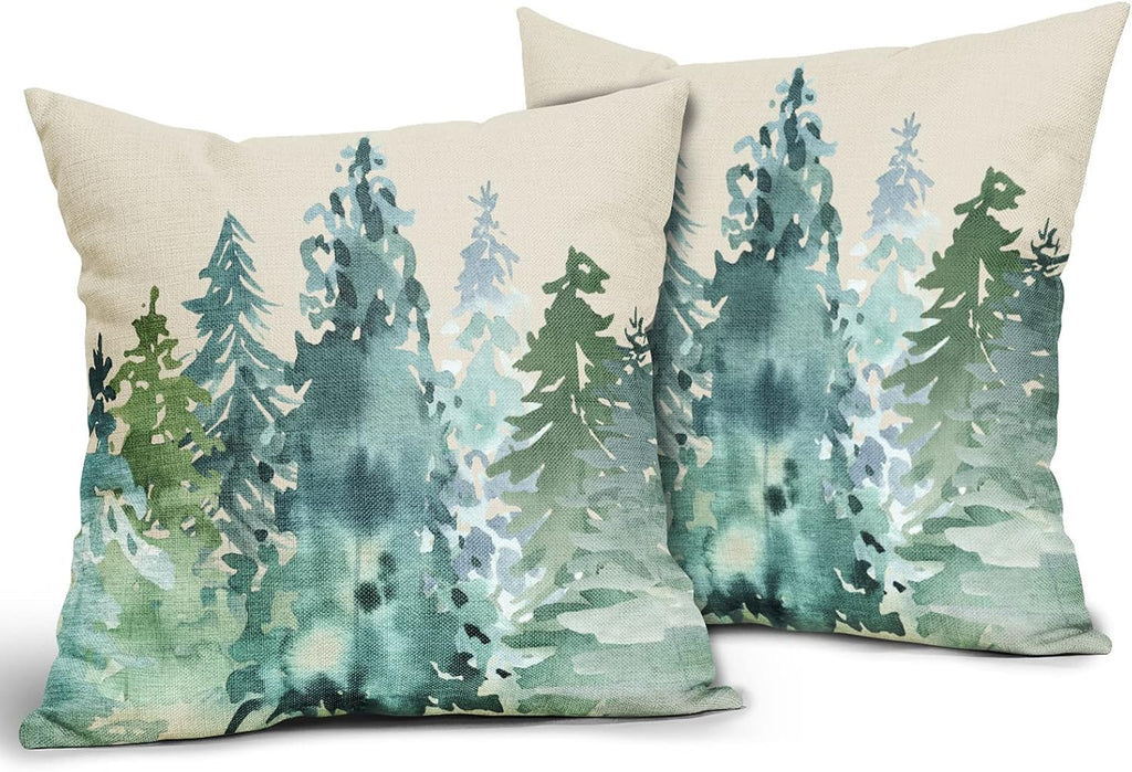 Winter Christmas Tree Pillow Covers 18x18 Blue Green Nature Forest Rustic Watercolor Style Print Decorative - Set of 2