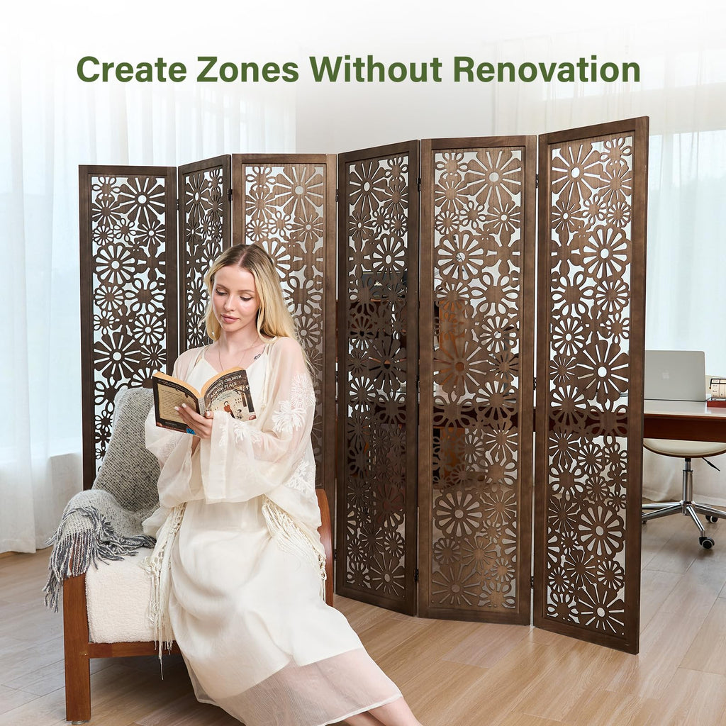 Folding Wood Room Divider Panel, 5.6 FT Tall Daisy-Carved Privacy Screen - Decorative Flower Carved Room Partition