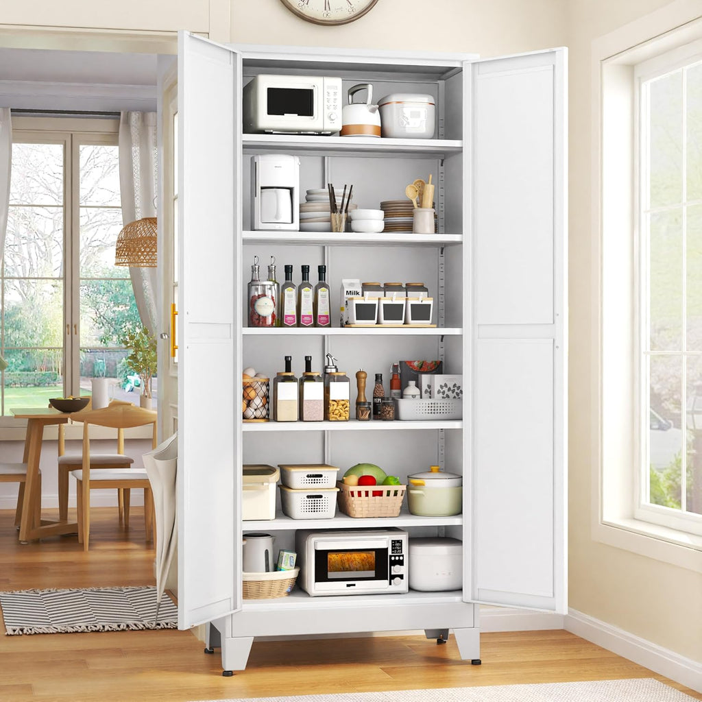 75.2" Tall Metal Kitchen Pantry Storage Cabinets with 2 Door and 5 Adjustable Shelves, Cupboard , White