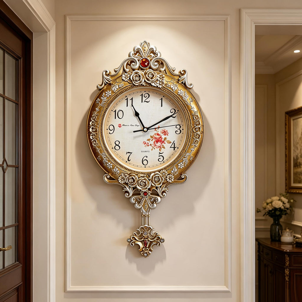 Vintage Pendulum Wall Clock Battery Operated, Non Ticking Silent Clock(Gold)