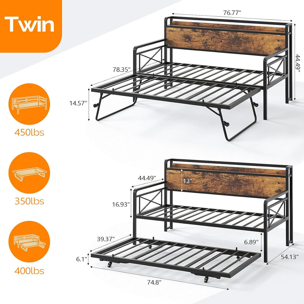 Daybed with Trundle Twin, Metal Daybed Frame with Pop-up Trundle Bed and Charging Station,Day Bed with Wooden Storage
