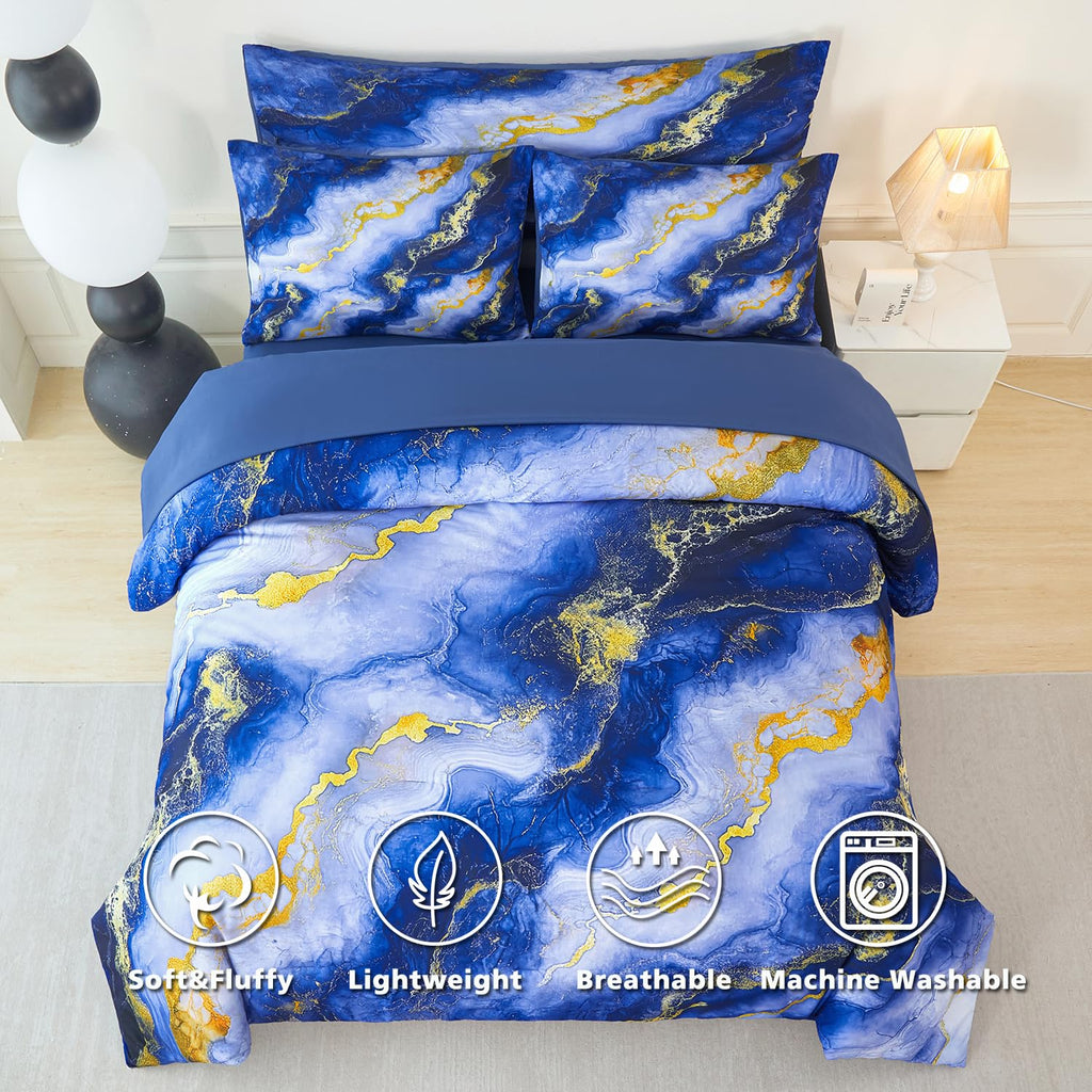 Blue Gold Bedding Set, 6 Pieces Fluffy Marble Bedding Comforter Sets for Women, All Season Soft Luxury Retro