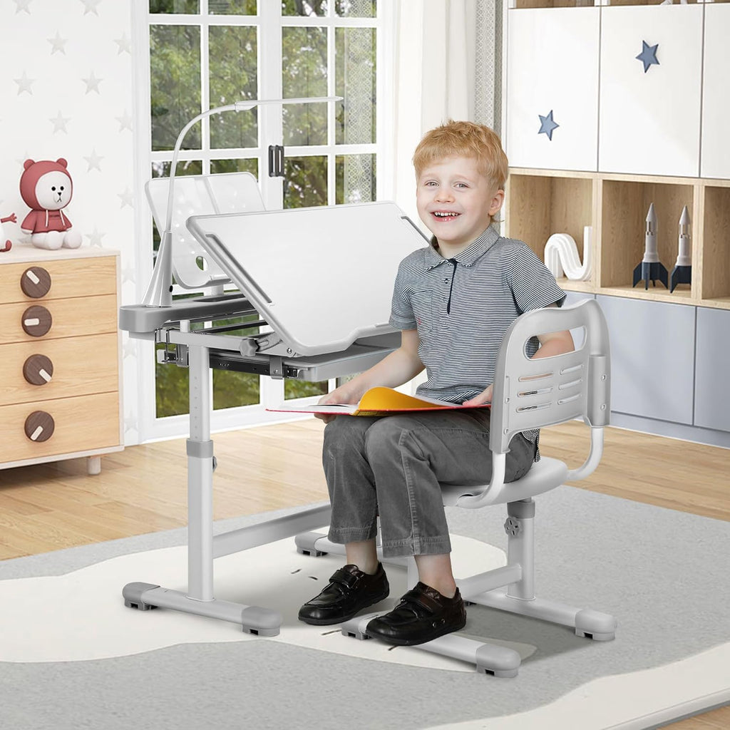 Kids Desk and Chair Set, Height Adjustable Children School Functional Study Desk with 55° Tiltable Desktop, 3 Modes &