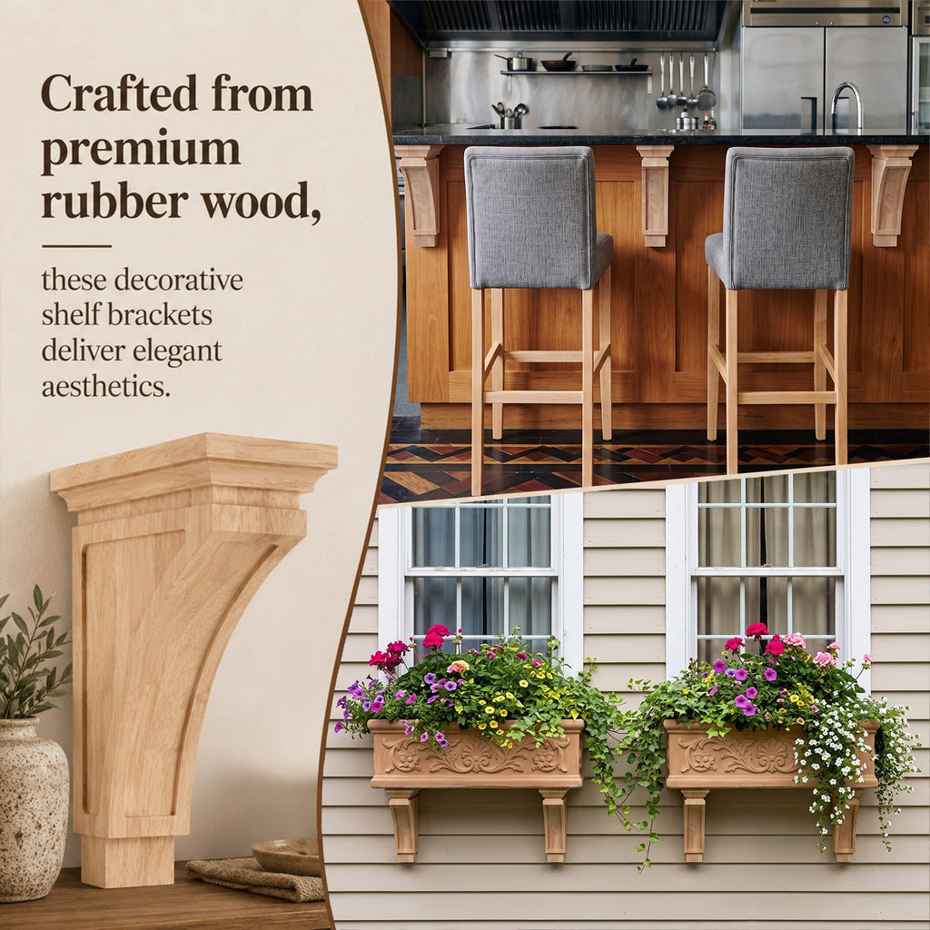 4" x 8" x 12" Wood Corbels, Decorative Wooden Shelf Brackets