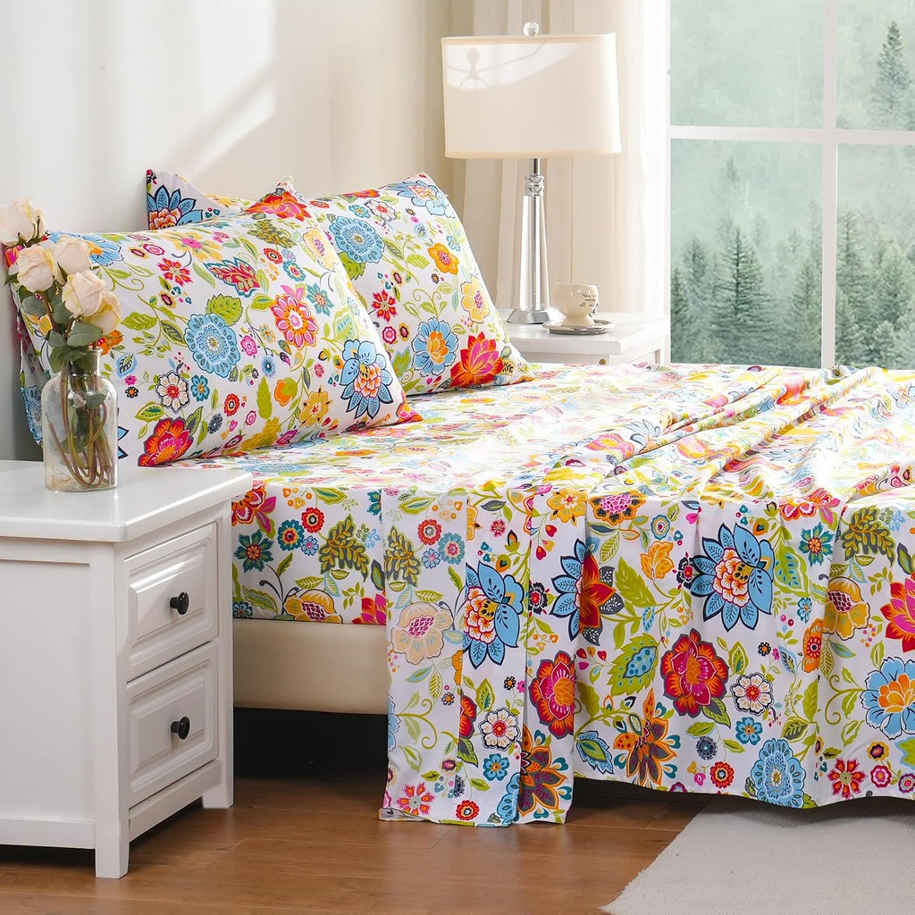 Queen Sheet Set Ultra Soft Breathable Silky Flower Bed Sheets Deep Pocket 100% Microfiber Bedding Sheets 4 Piece
