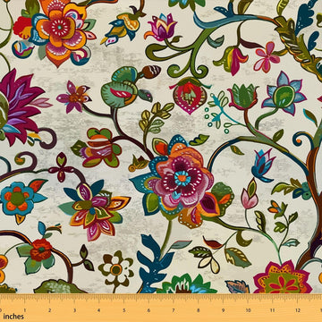 Paisley Flowers Fabric by The Yard, Boho Style Exotic Soft Polyester No Stretch Fabric, Retro Floral Bohemia Decorative