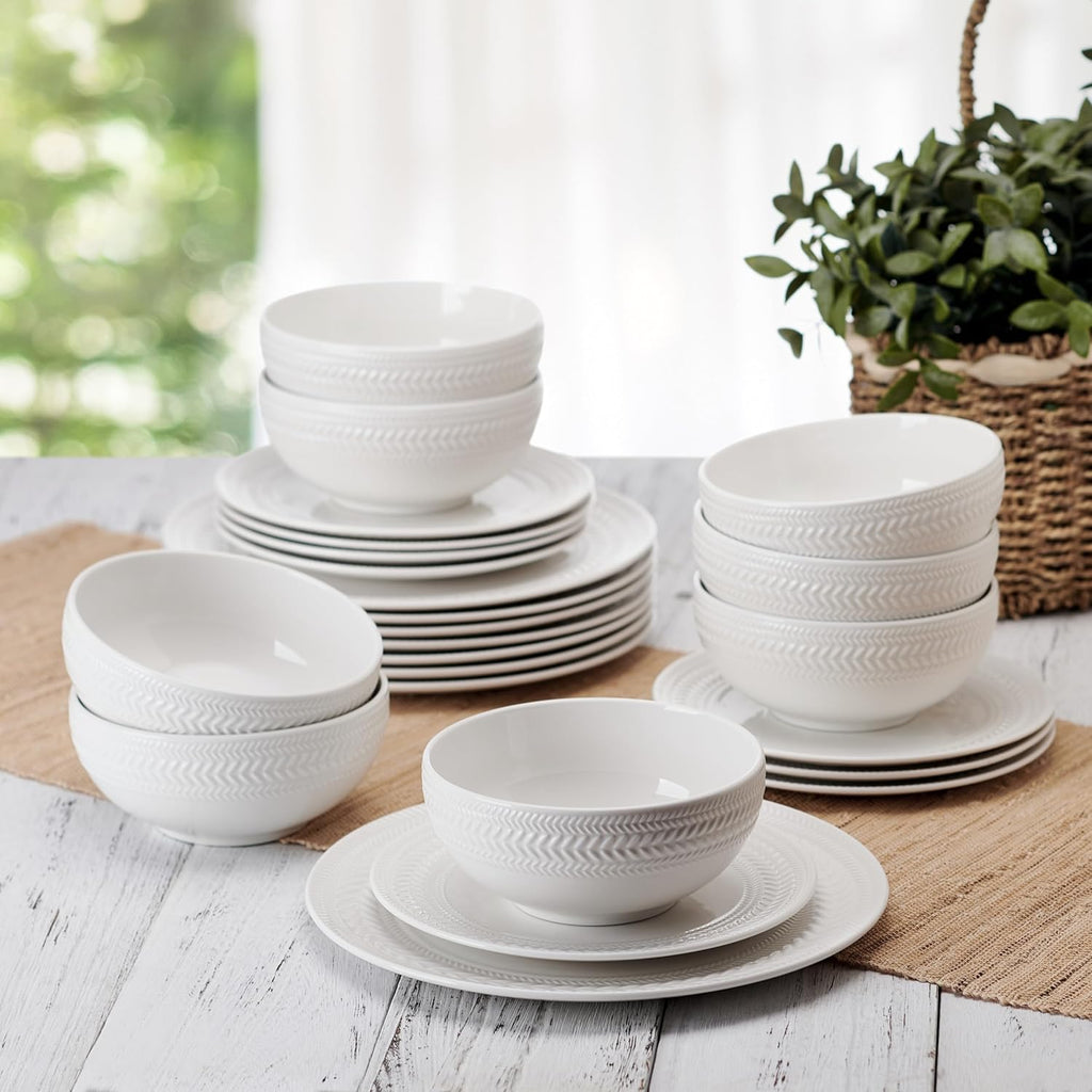 Josephine 24-Piece Dinnerware Set, Porcelain Dish Set with Embossed Basket Weave Design, Service for 8