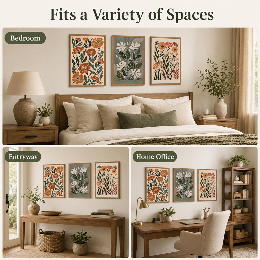 3 Piece Framed Floral Wall Art Mid Century Canvas Prints Boho Picture Decor