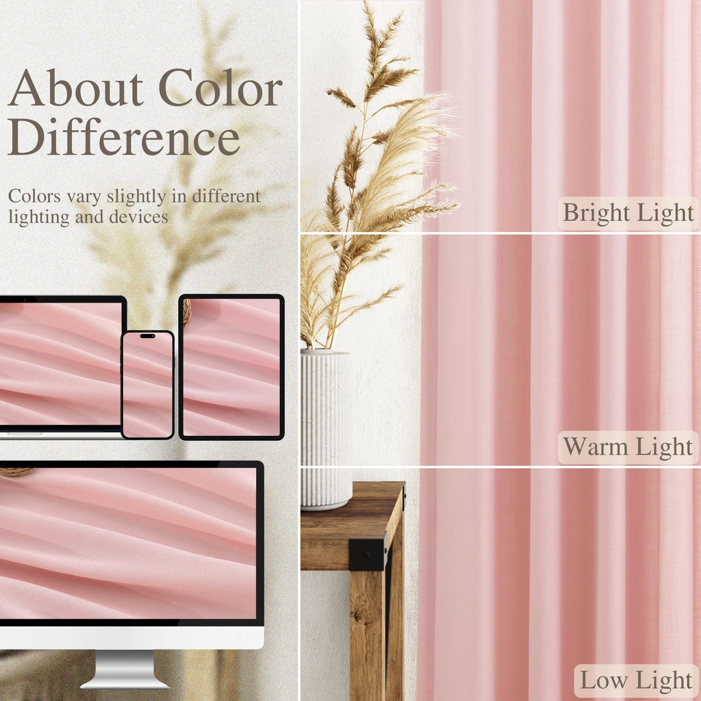 Pink Linen Curtains 96 Inches Long 2 Panels Set for Baby Girl Bedroom Back Tab Rod Pocket Semi Sheer Light Filtering