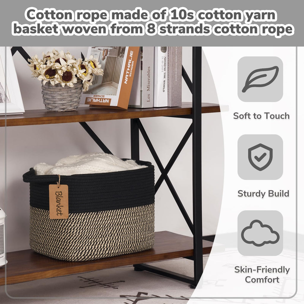 Woven Storage Basket for Shelves, Rectangle, Black & Jute