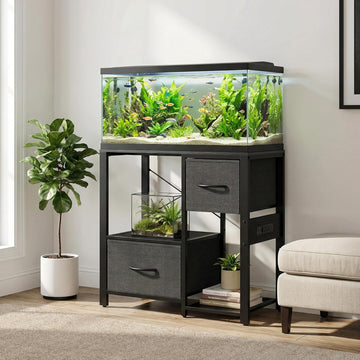20-29 Gallon Fish Tank Stand with Power Outlets, Heavy Duty Metal and Wood Aquarium Stand with 2 Drawer and Sturdy