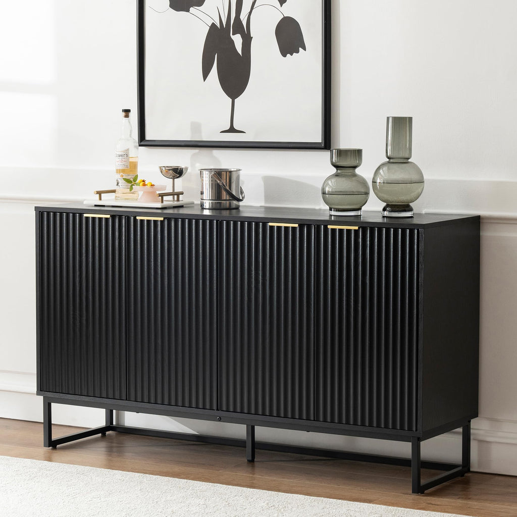 Fluted Storage Cabinet with 4 Doors, 55" Large Sideboard Buffet Cabinet with Adjustable Shelves Kitchen Wooden