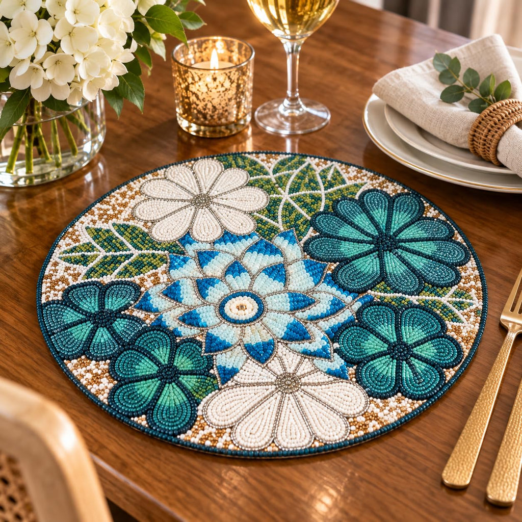 Beaded Placemats 13" Flower, Round Dining Table mat, Teal Multi