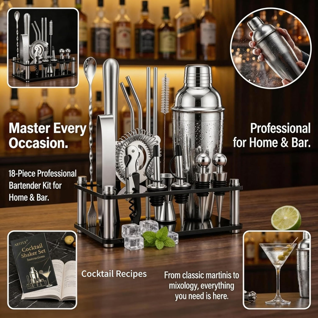 Cocktail Shaker Set, 18-Piece Bartender Kit with Stand, Bar Tool Set - Set of 18