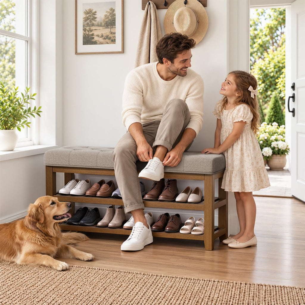 2-Tier Shoe Storage Bench, Solid Wood Entryway Bench, 45.3" Taupe