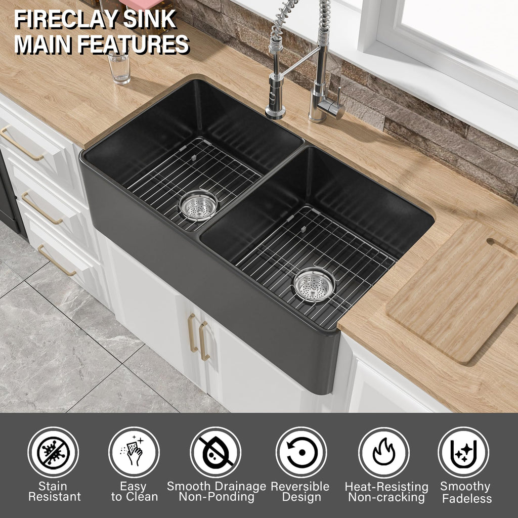 33" x 18" Black Farmhouse Sink Double Bowl 50/50