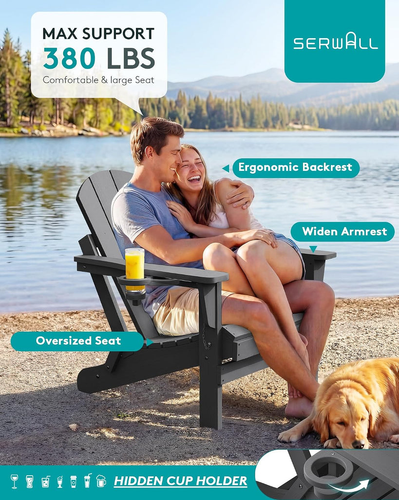 Folding Adirondack Chair with Cup Holder Set of 2, Fire Pit - Gray | All Weather Adirondack Chairs, Fire Pit Chairs