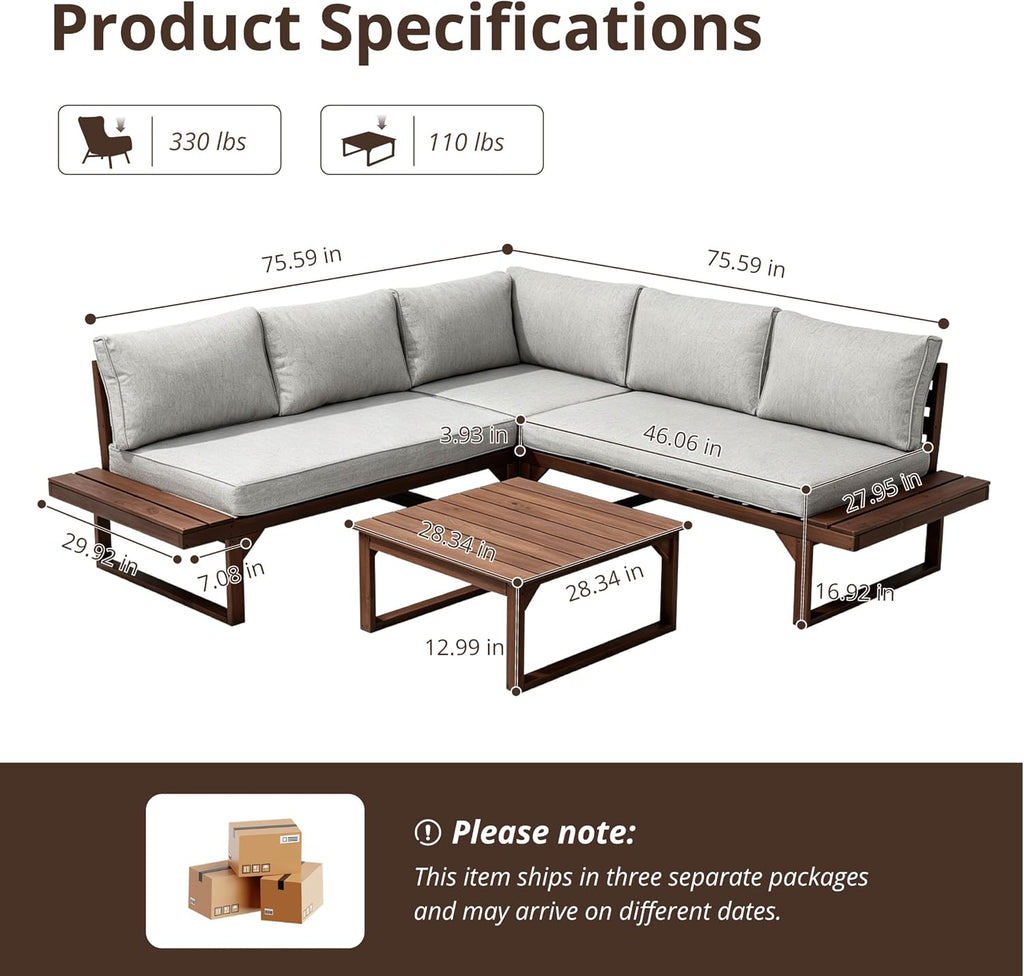 4 Piece Wood Patio Furniture, L-Shaped Outdoor Sectional Sofa Set with Coffee Table, Conversation Set with Built-in