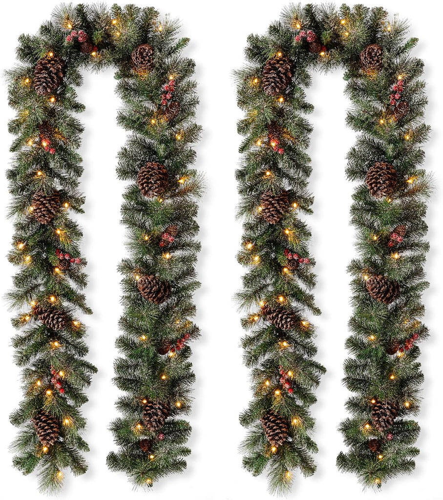 2PCS with Lights, Christmas Garland for Mantle, Pre-Lit Artificial Christmas Garland Glittered Pine Cones Berries