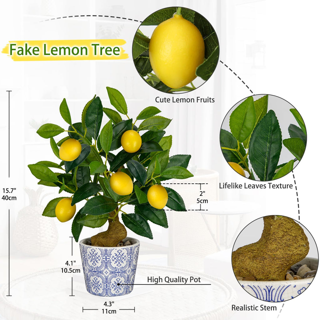 Artificial Potted Plants, 15.7 inches Small Fake Lemon Tree Artificial Lemons Citrus Tree with Blue and White Pot