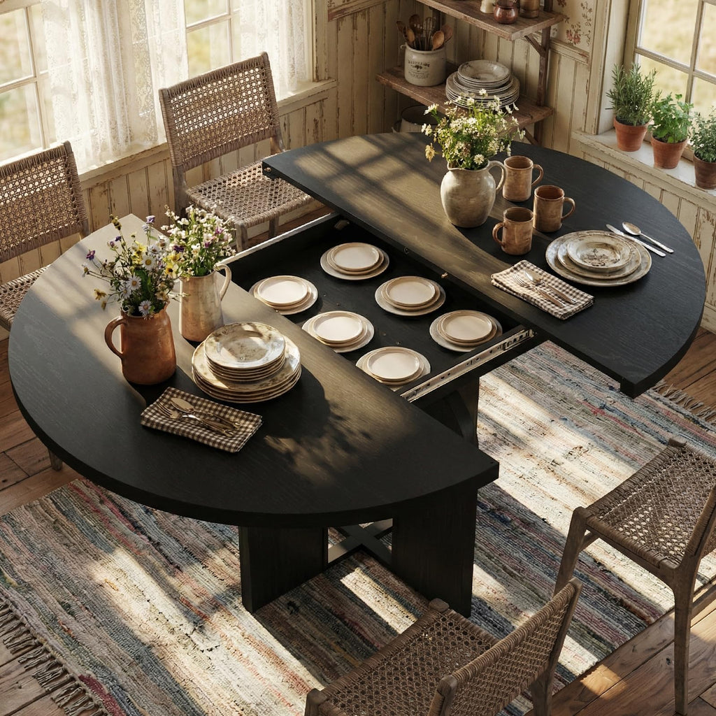 47"-63" Extendable Round Dining RoomTable for 4-8, Farmhouse Wood Expandable Kitchen Table w/Wider Leg, Sturdy Metal