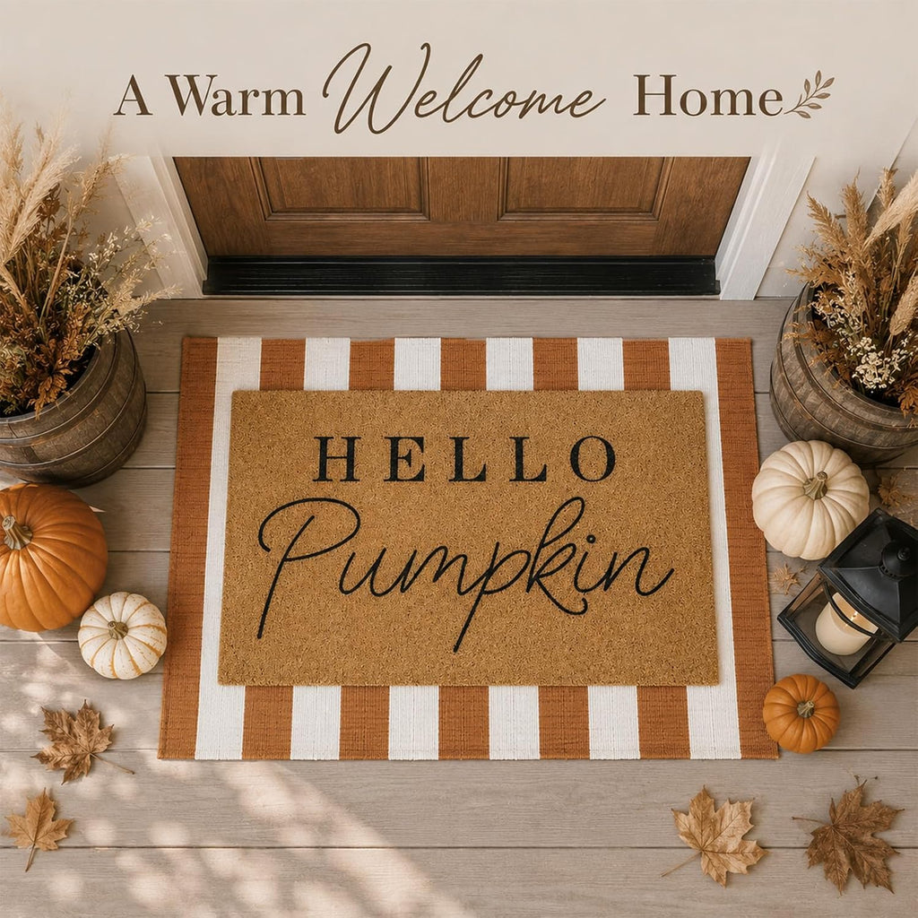 Hello Pumpkin Layered Doormat Set, White Orange - Set of 2