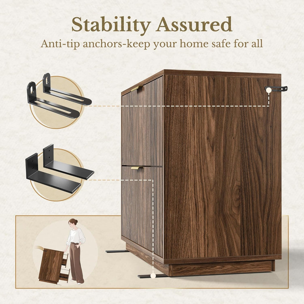 Fluted 2 Drawer Lateral File Cabinet, Black Walnut | 32'' Wood Filing Cabinet , Fits for Legal/Letter/A4 Files
