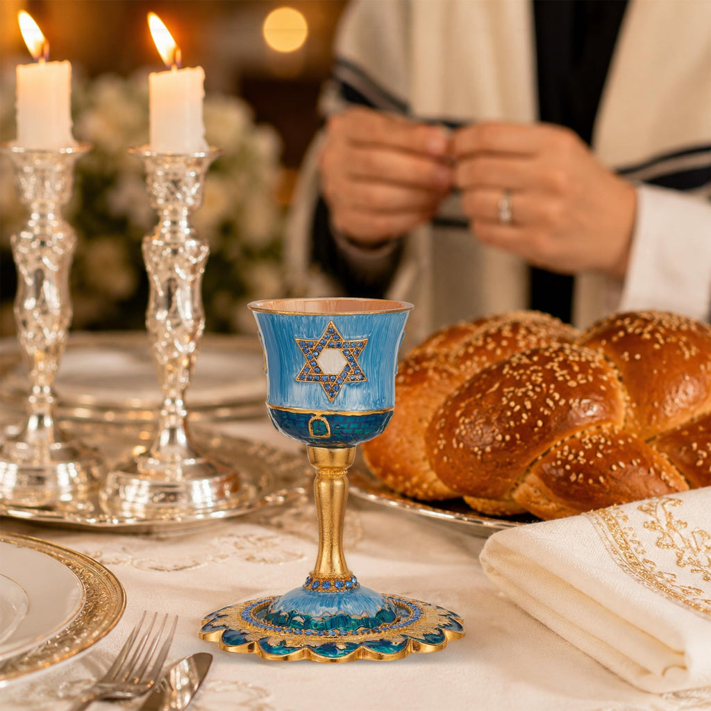 Hand-Painted Enamel Tall 5" Kiddush Cup Set w/Stem & Tray