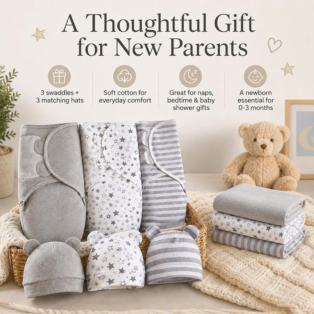 Pack Unisex Baby Swaddles for Newborns with Hat(Grey/Star/Stripe)