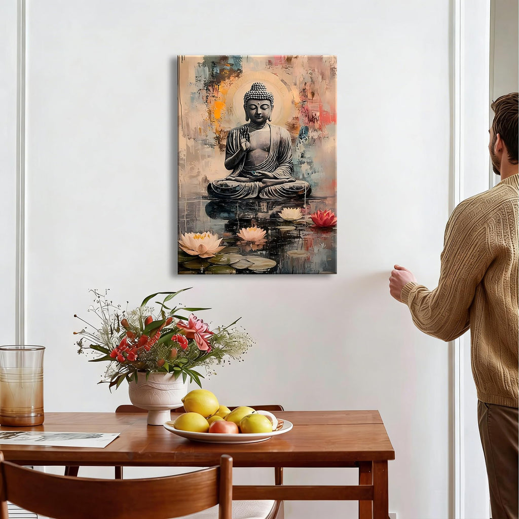 Framed Abstract Buddha Lotus Canvas Wall Art, Colorful Impressionist Buddha with Water Lily Canvas Prints Pictures