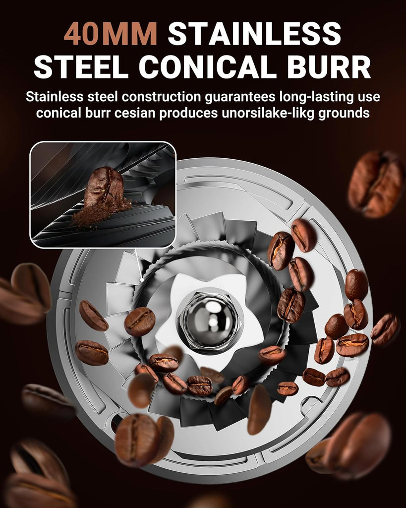 Burr Coffee Grinder, 48 Settings, Less Static Mess, Metallic Silver | 40mm Burr, Low Retention, 0.5s LED Timer