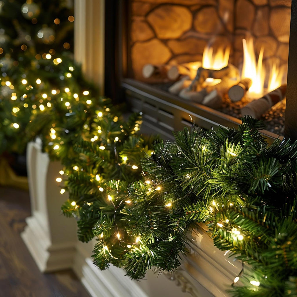 30 FT Pre-Lit Christmas Garland Decorations, 100 LED Lighted Artificial Pine Garlands with 8 Modes, Green Garland