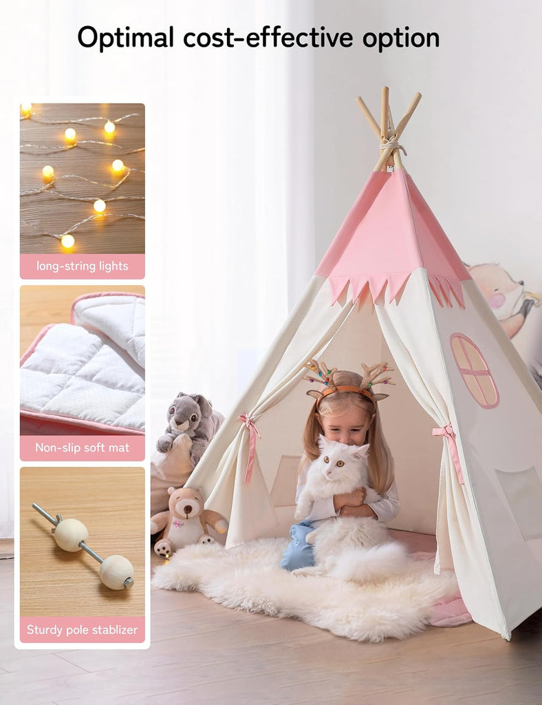 Teepee Tent for Kids, Cotton Play Tent with LED Lights
