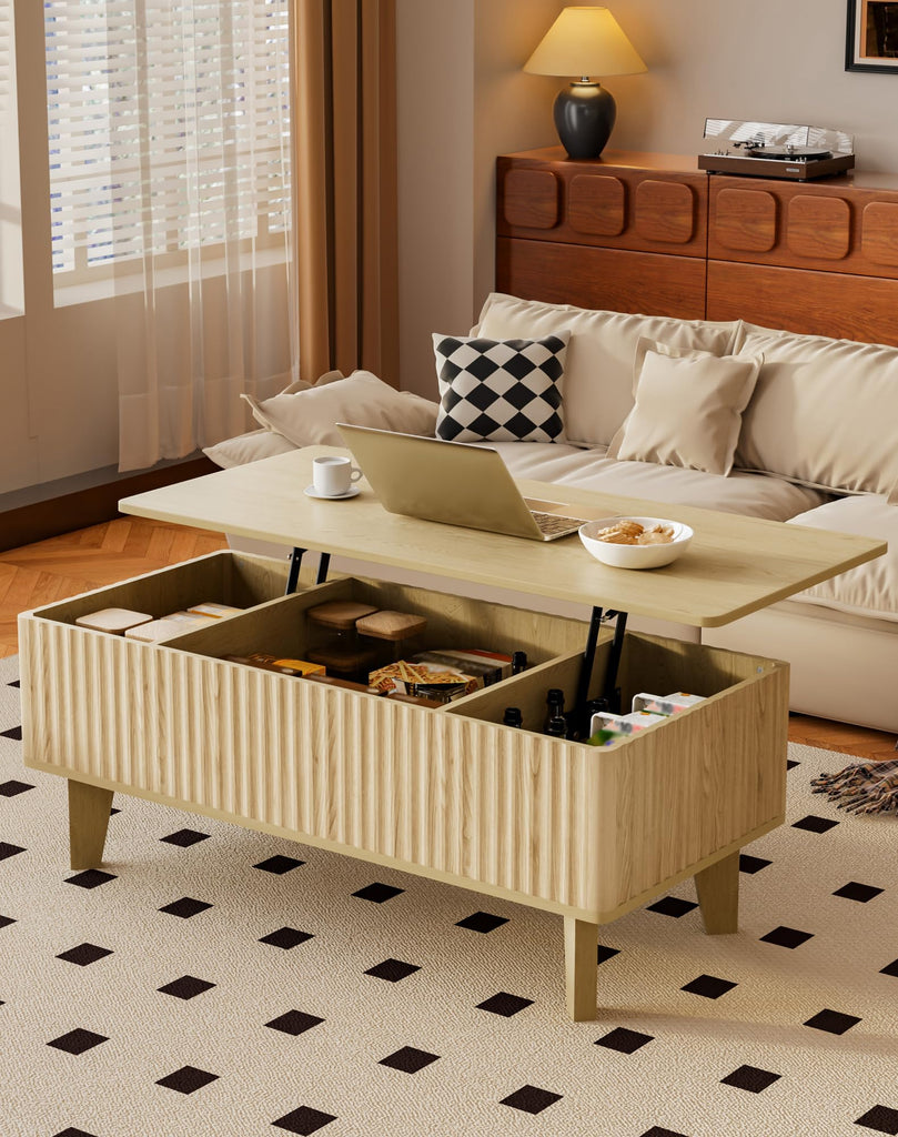 Rectangular Coffee Table with Lifting Top, Mid Century Modern Living Room Center Table, Wood Fluted Coffee Table, Oak