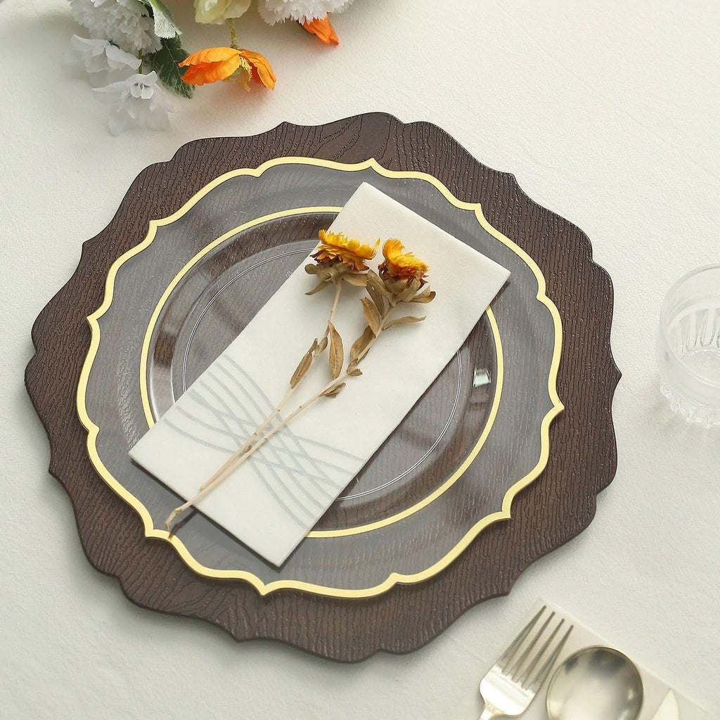 Rustic Brown 13 in Wooden Round Acrylic Charger Plates | 13-Inch Scalloped Trim Serving Dinnerware Set for Dinner